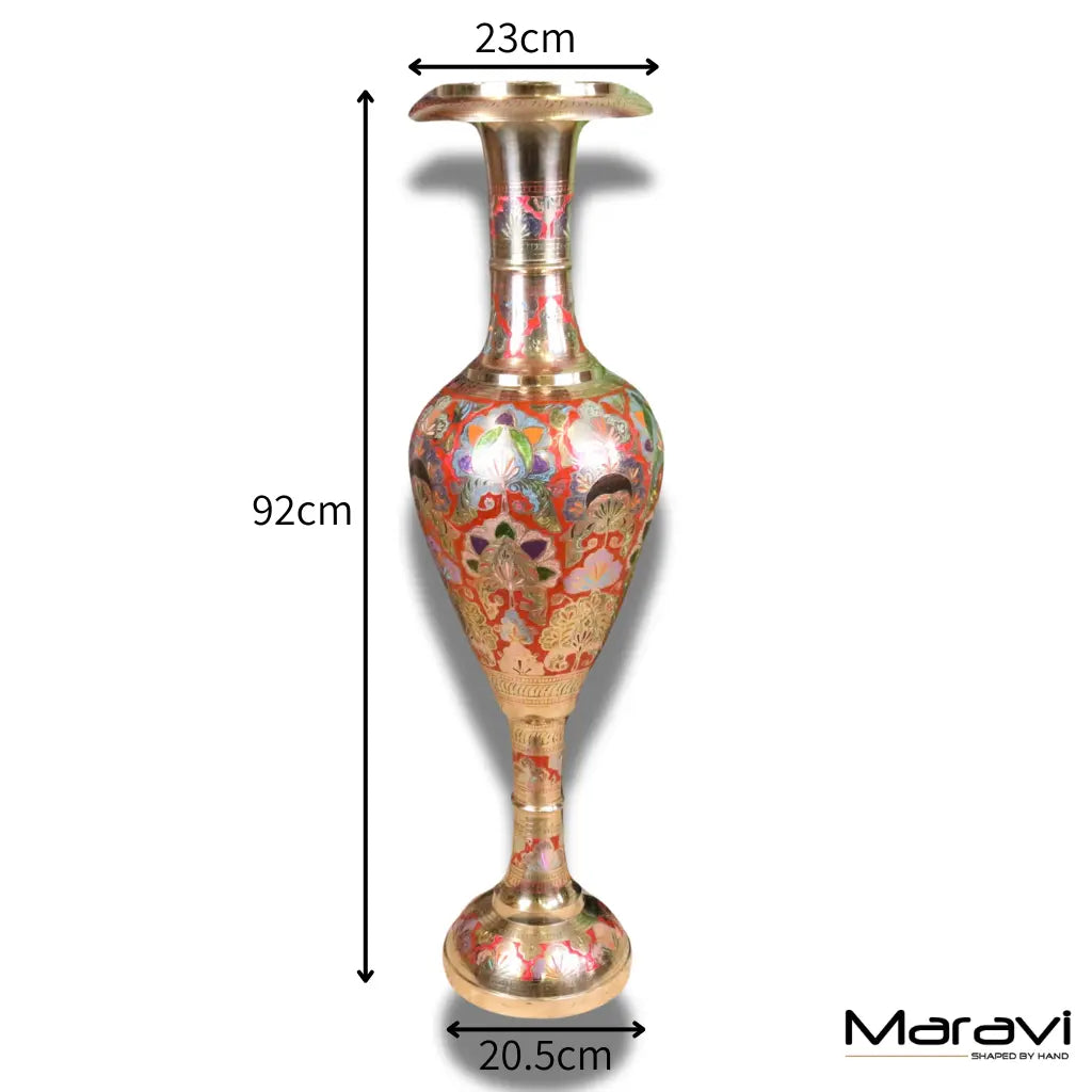 Vintage Brass Vase 92cm Large Hand Painted and Etched