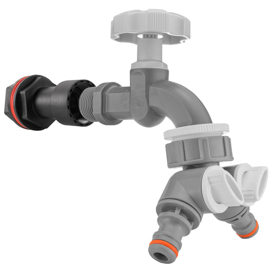 Water Butt Extension Kit 1/2" with Grey Dial Tap + Two-Way Splitter and Drill Bit