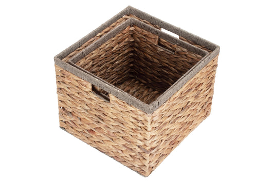 Set of 2 Square Water Hyacinth Storage Baskets with Grey Rope Border