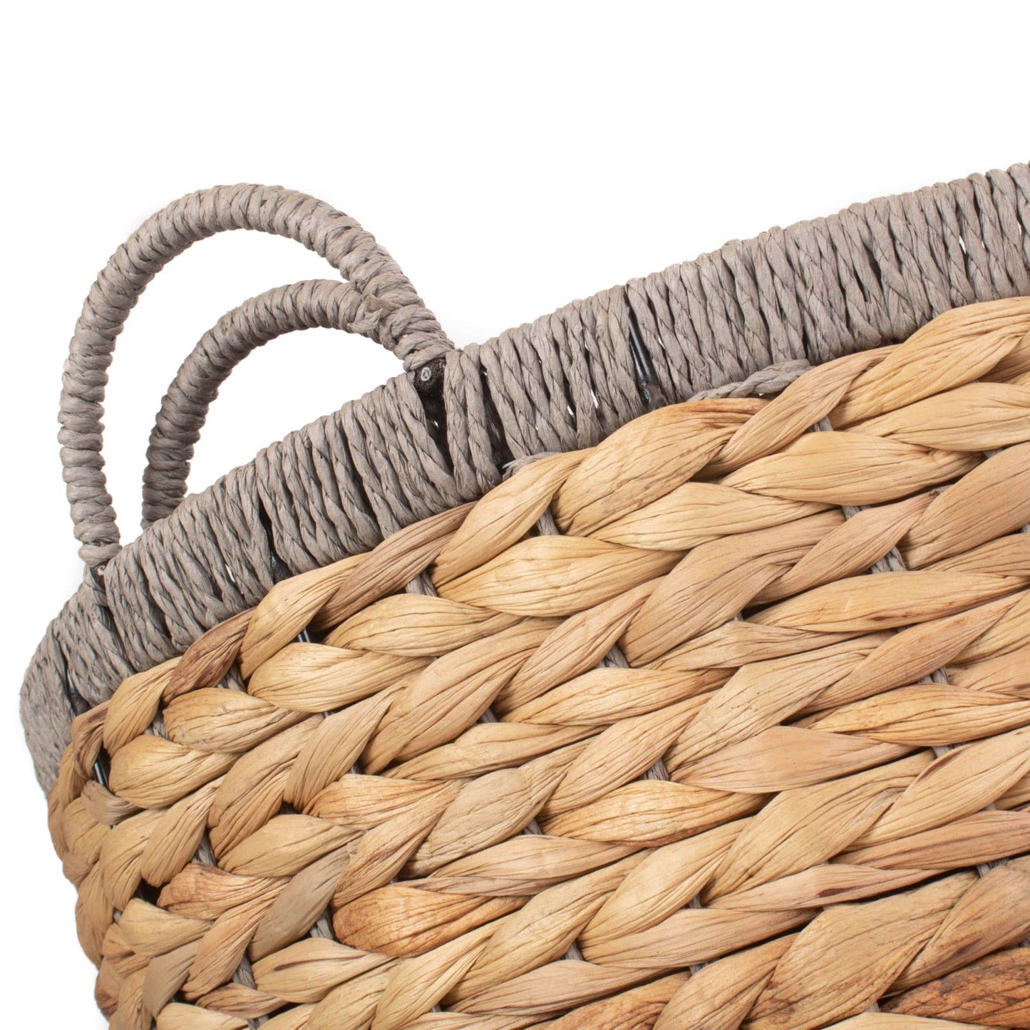 Set of 2 Round Water Hyacinth Storage Baskets with Grey Rope Border