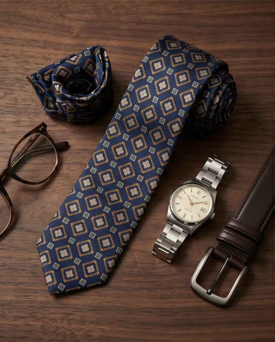 Navy & Gold Geometric Tie Set with Matching Cufflinks