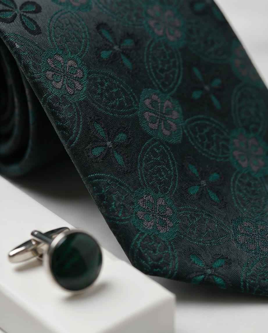 Deep Teal Jacquard Tie Set with Cufflinks & Pocket Square