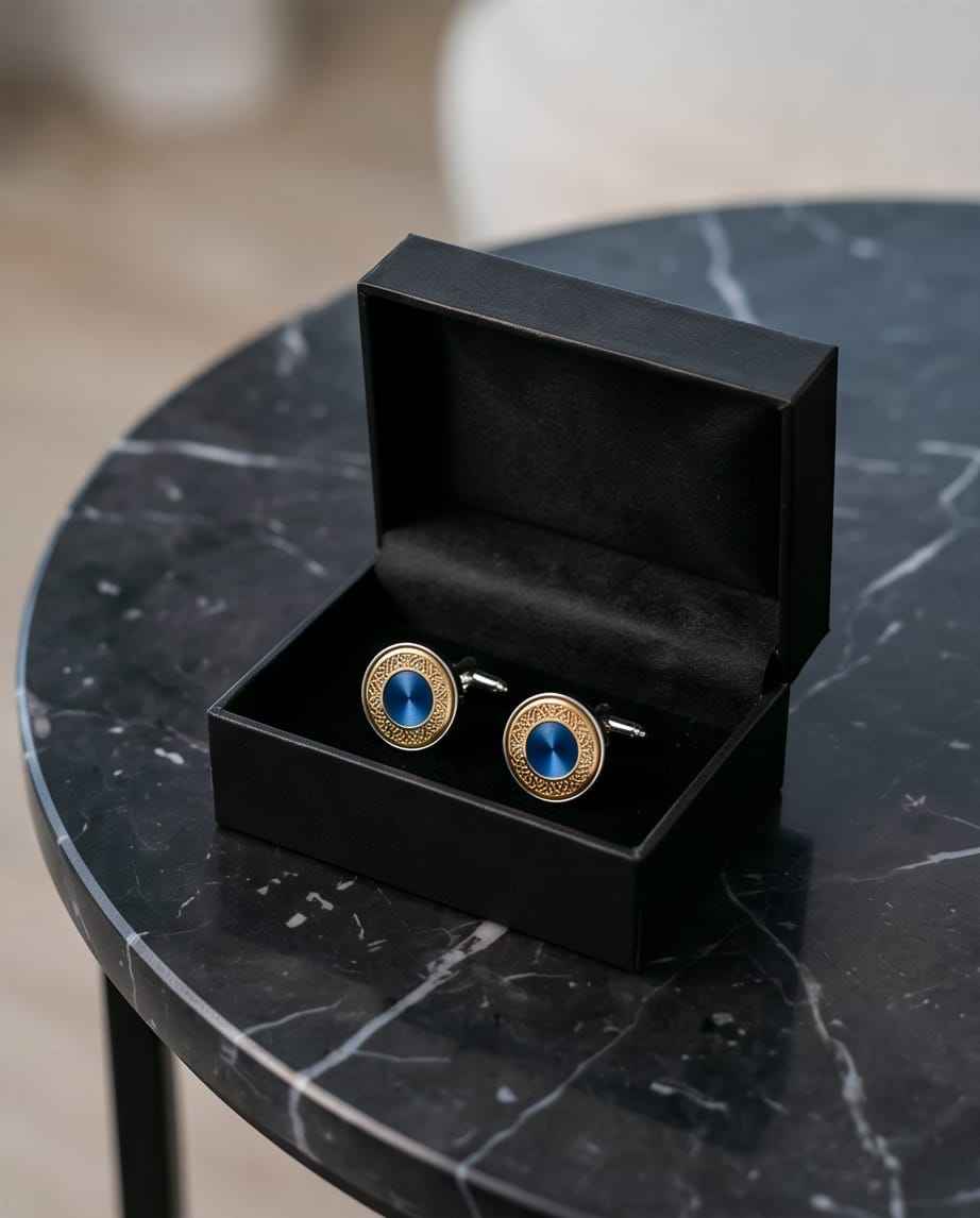 Ornate Blue & Gold Round Cufflinks