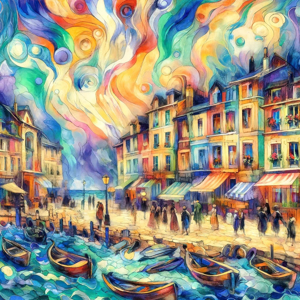 Whimsical Seaside Village Canvas