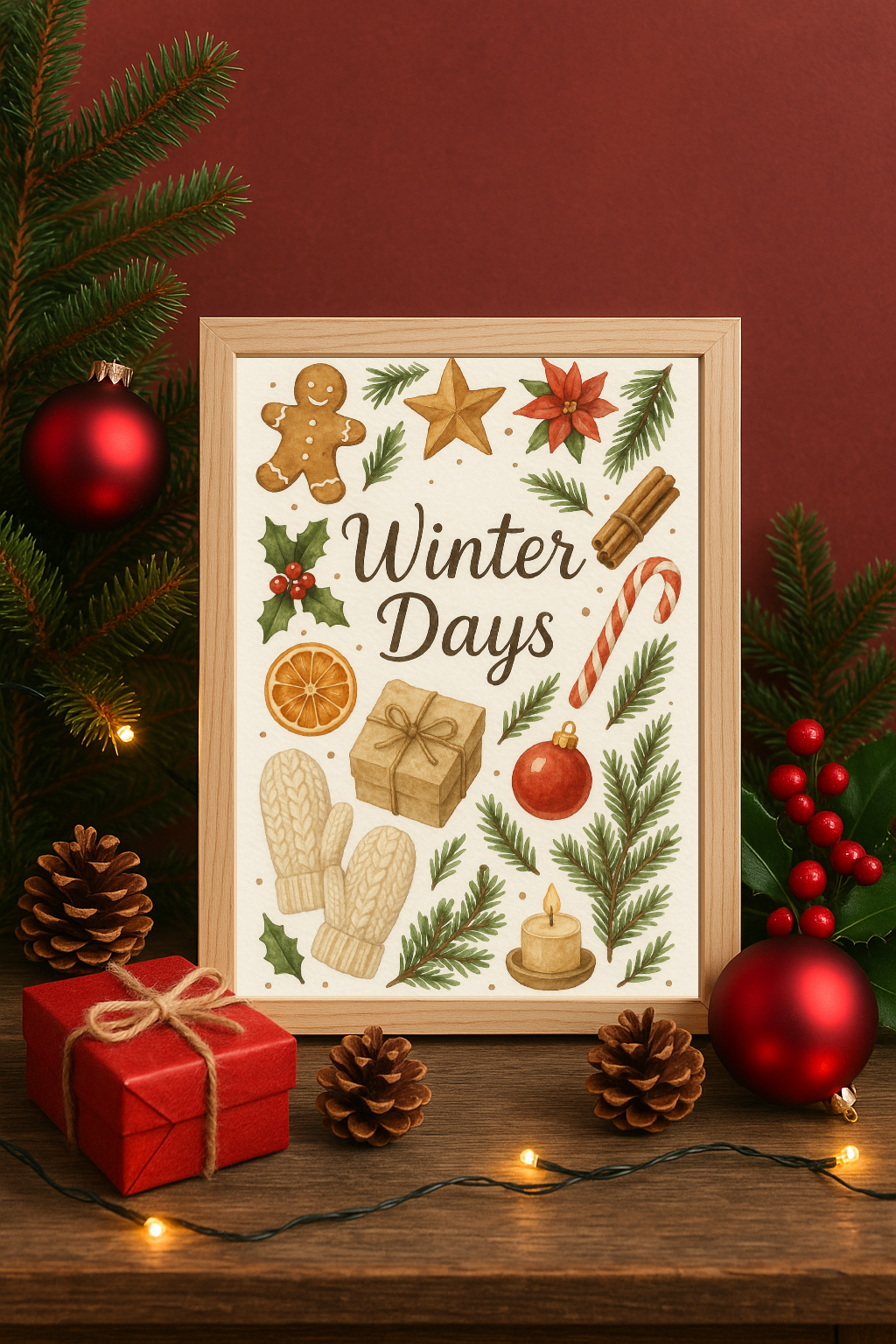 Winter Days Wall Art – Cozy Holiday Print with Mittens, Gingerbread & Seasonal Decor