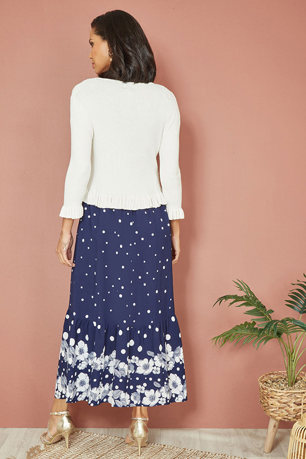 Yumi Ivory Tie Up Ribbed Cardigan With Frill Hem