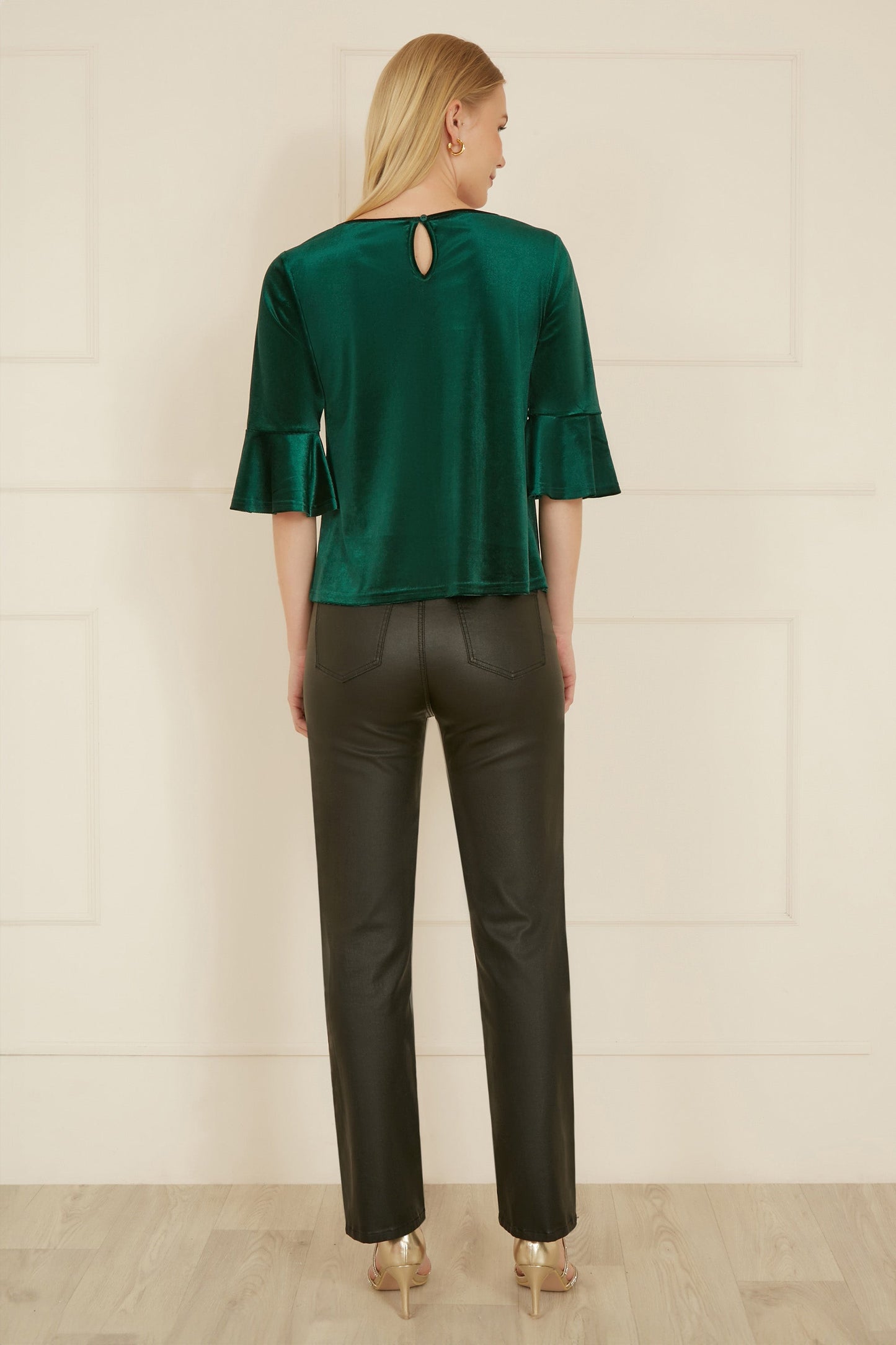 Yumi Green Velvet Relaxed Fit Top With Fluted Sleeves