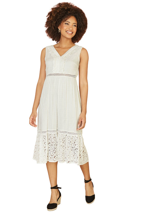 Yumi White Lace And Dobby Cotton Midi Sundress Dress