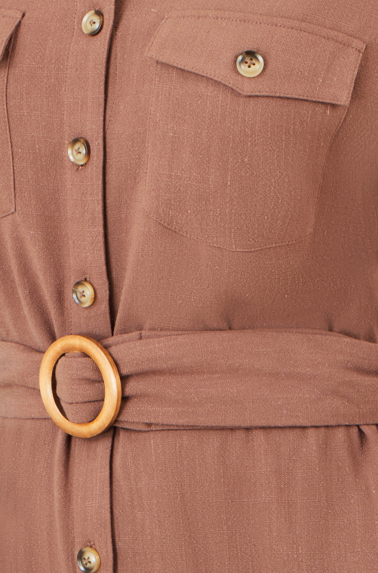 Yumi Brown Viscose Linen Look Midi Shirt Dress With Wooden Belt