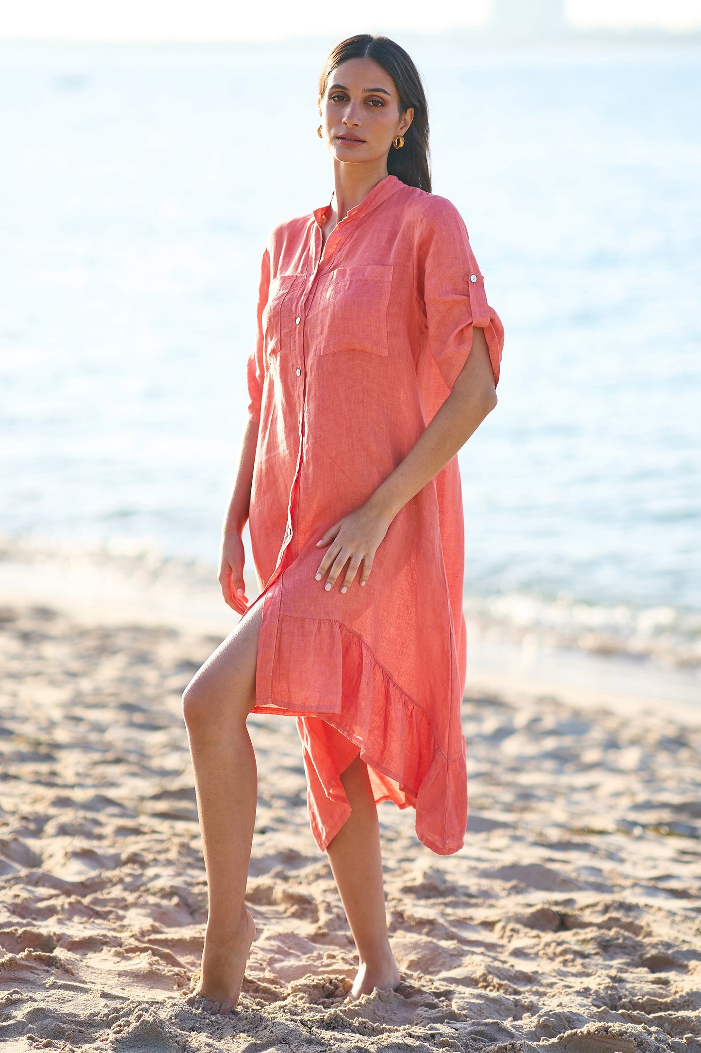 Yumi Coral Italian Linen Shirt Dress With Frill Hem
