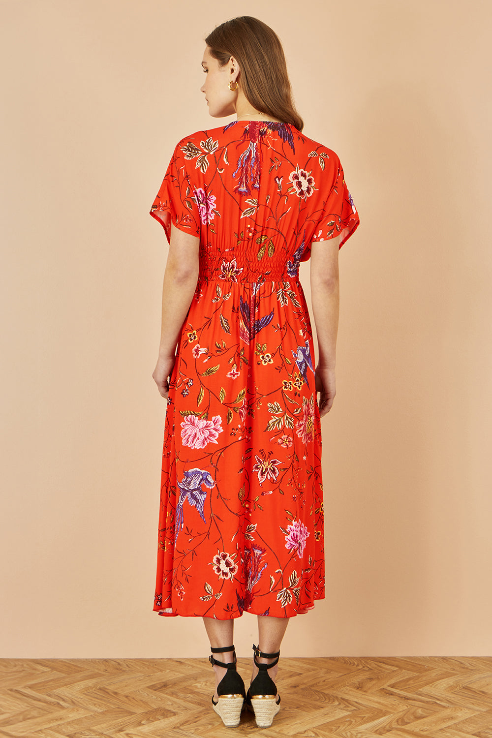 Yumi Orange Viscose Bird and Floral Print Kimono Midi Dress