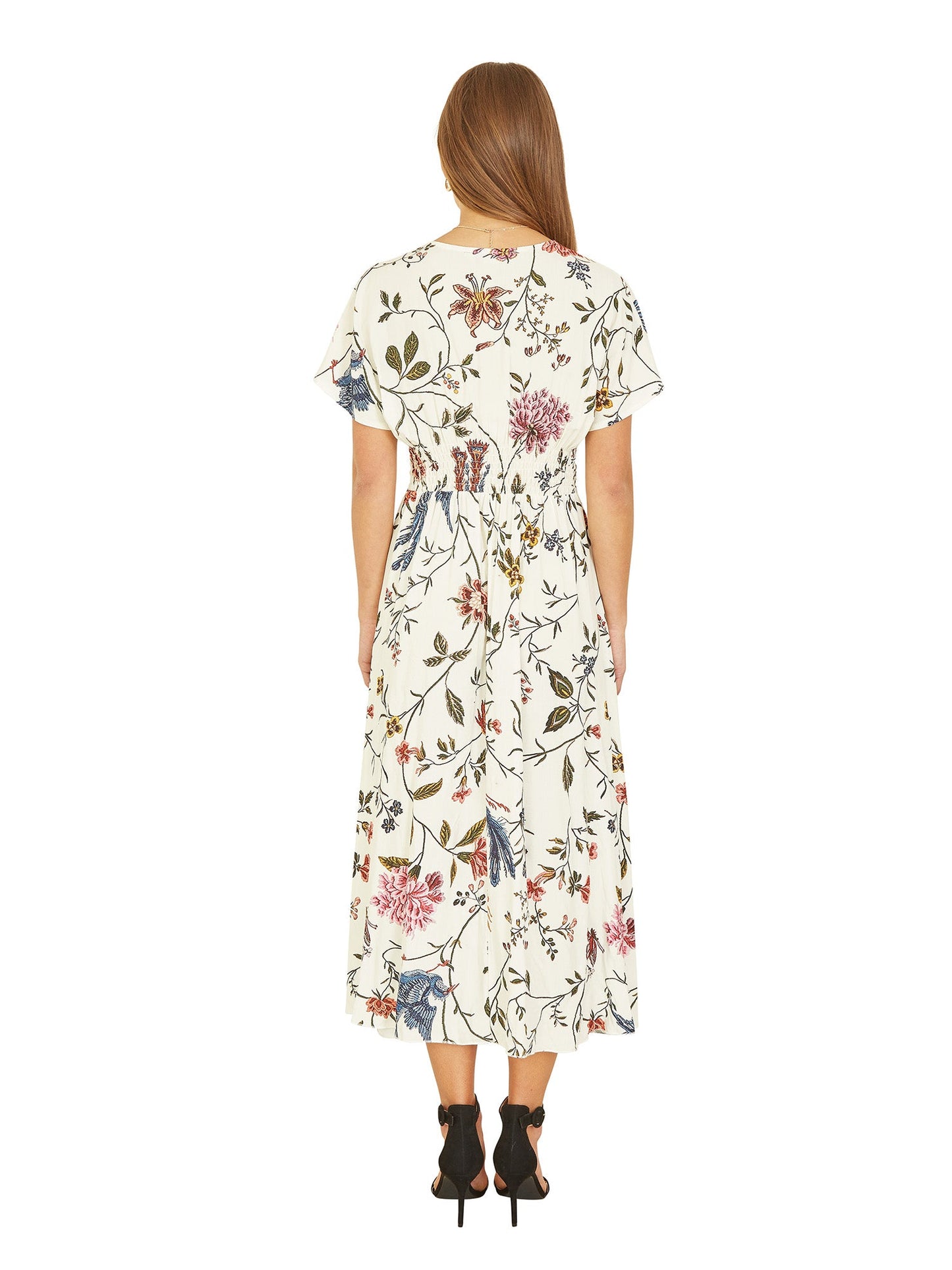 Yumi Ivory Bird and Floral Print Ruched Waist Kimono Midi Dress