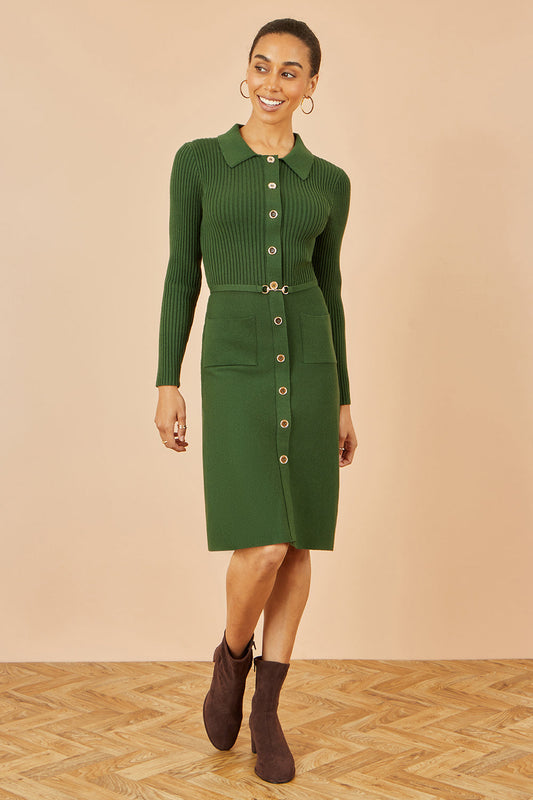 Yumi Green Rib Knit Midi Shirt Dress With Snaffle Belt