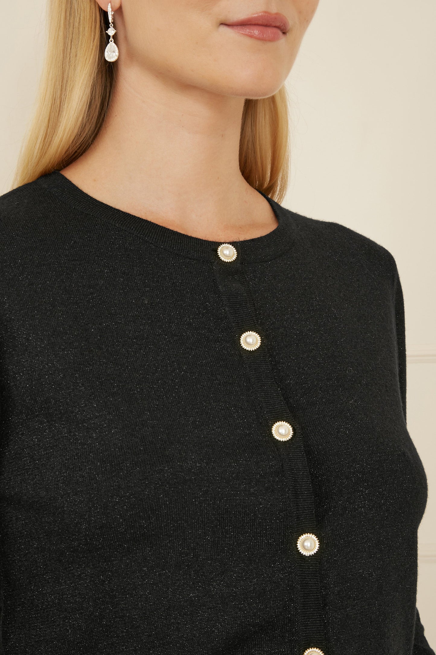 Yumi Black Metallic Knit Cardigan With Pearl Button Details