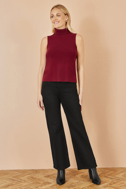 Yumi Burgundy Knitted Roll Neck Sleeveless Jumper