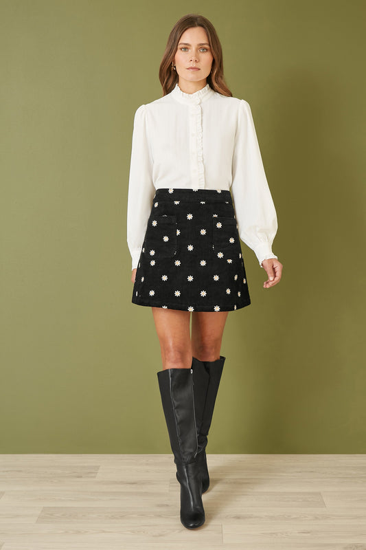 Yumi Black Corduroy Embroidered Daisy Mini Skirt