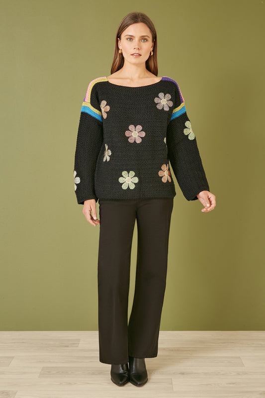 Yumi Black Crochet Flower Jumper