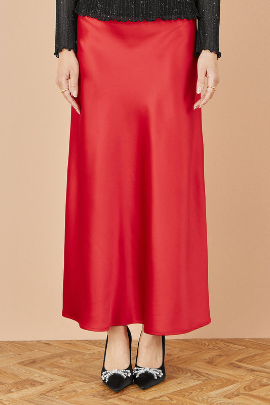 Yumi Red Satin Midi Skirt