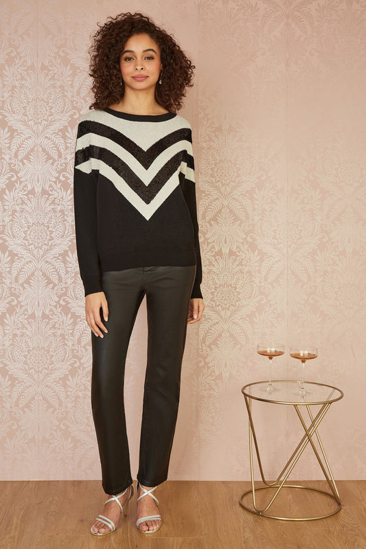 Yumi Black Chevron Knitted Relaxed Jumper With Sequins