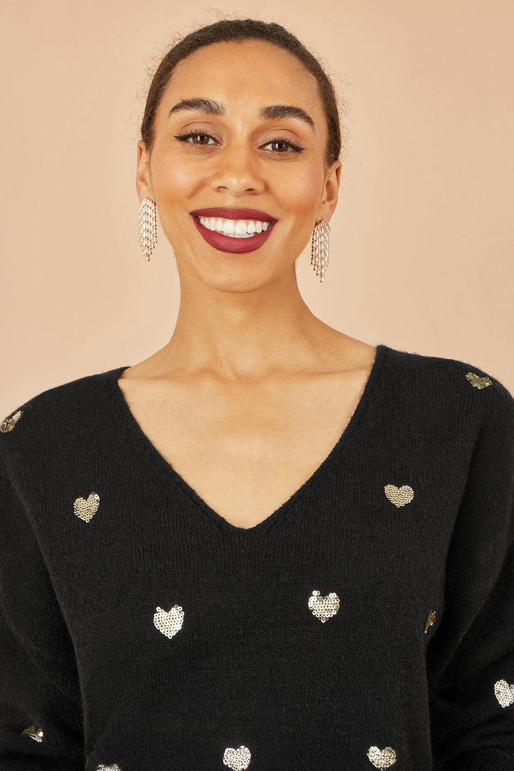Yumi Black Sequin Heart V Neck Jumper