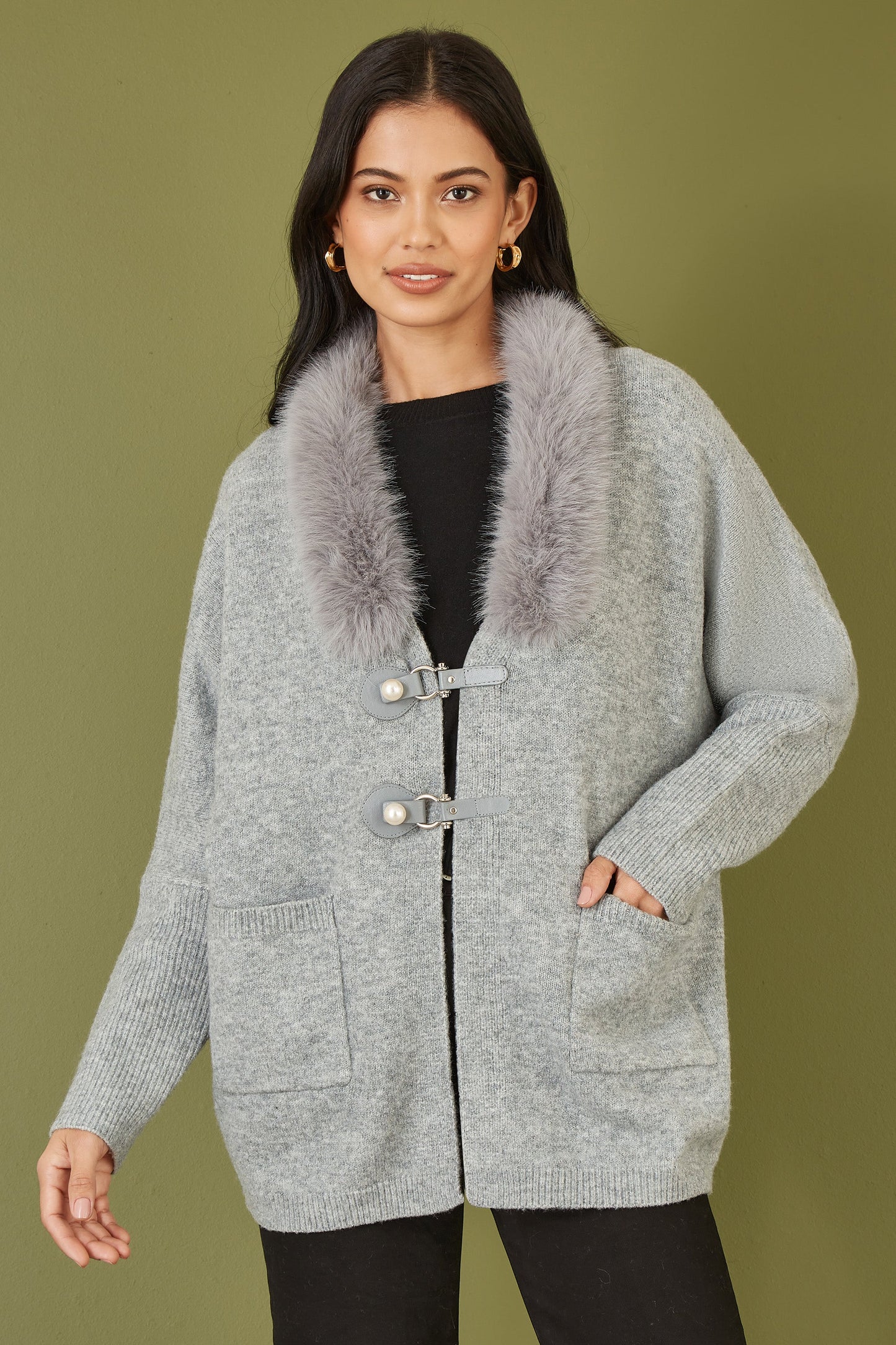 Yumi Grey Cardigan With Detachable Fur Collar Trim