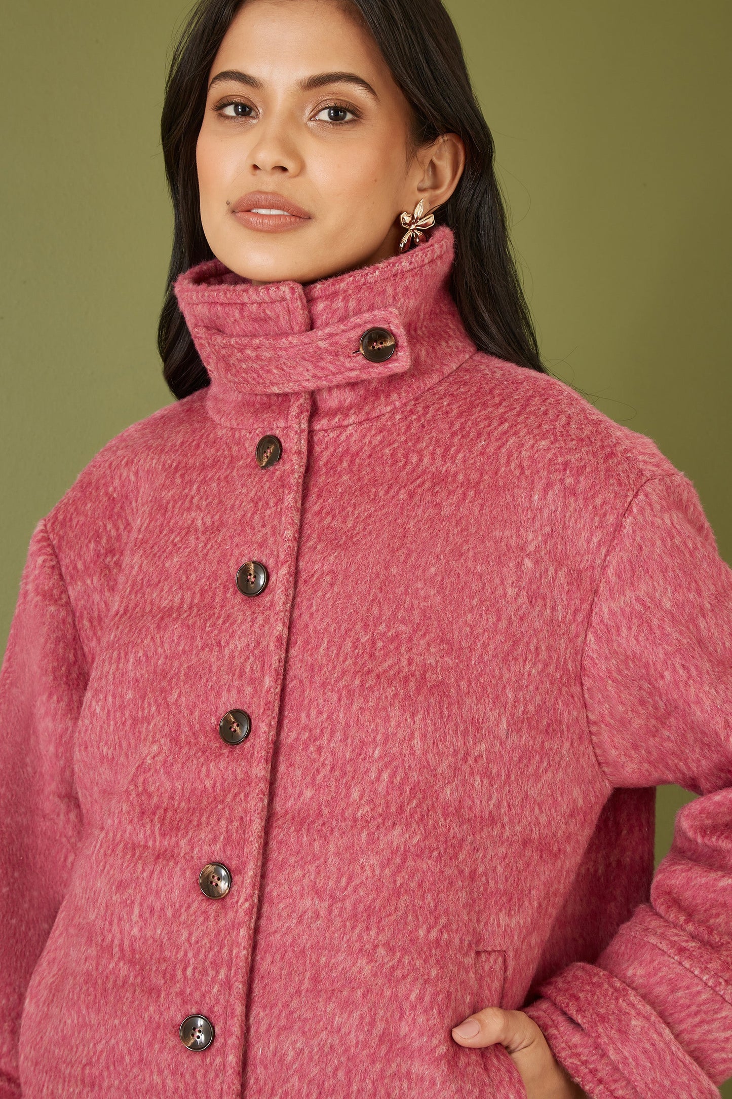 Yumi Pink Oversize Fit Button Up Jacket With High Collar