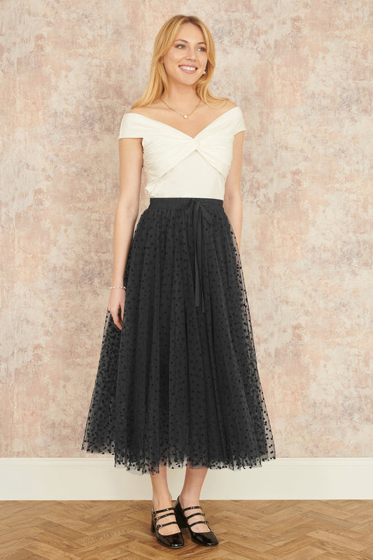 Yumi Black Mesh Heart Print Tulle Skirt