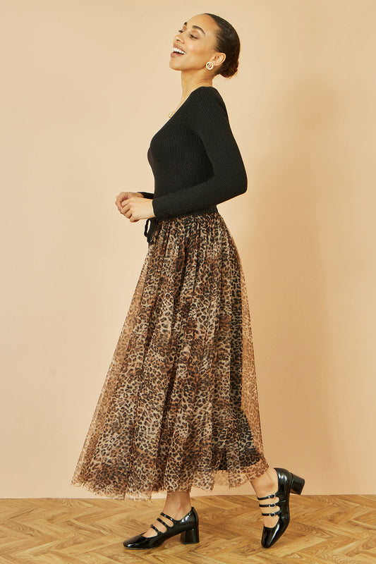 Yumi Brown Leopard Mesh Tulle Skirt
