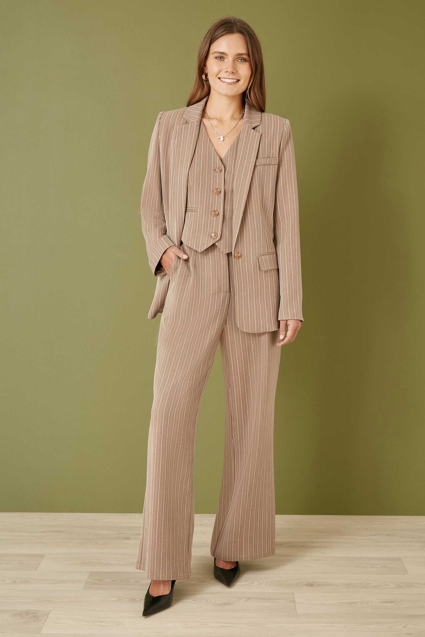 Yumi Brown Pinstripe Blazer