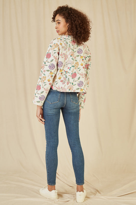 Yumi White Floral Print Reversible Cotton Cropped Quilted Jacket