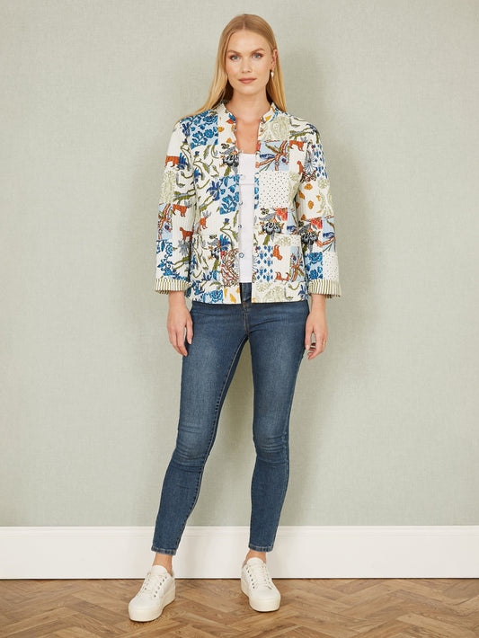 Yumi White Patchwork Print Reversible Cotton Quilted Jacket