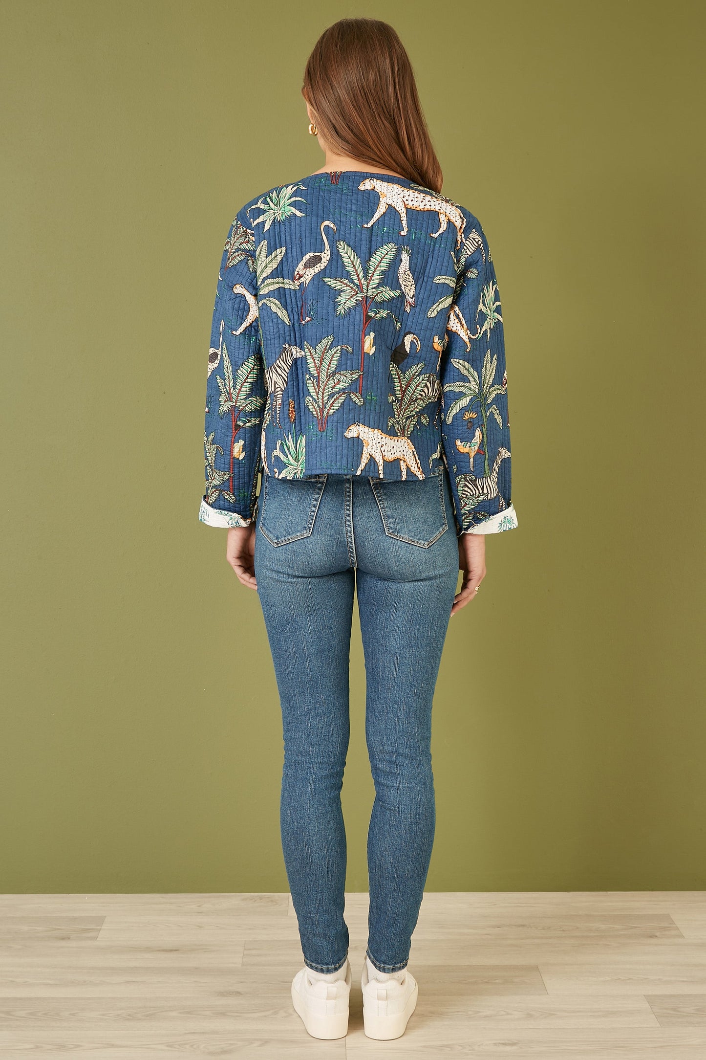 Yumi Blue Animal Print Reversible Cotton Cropped Quilted Jacket