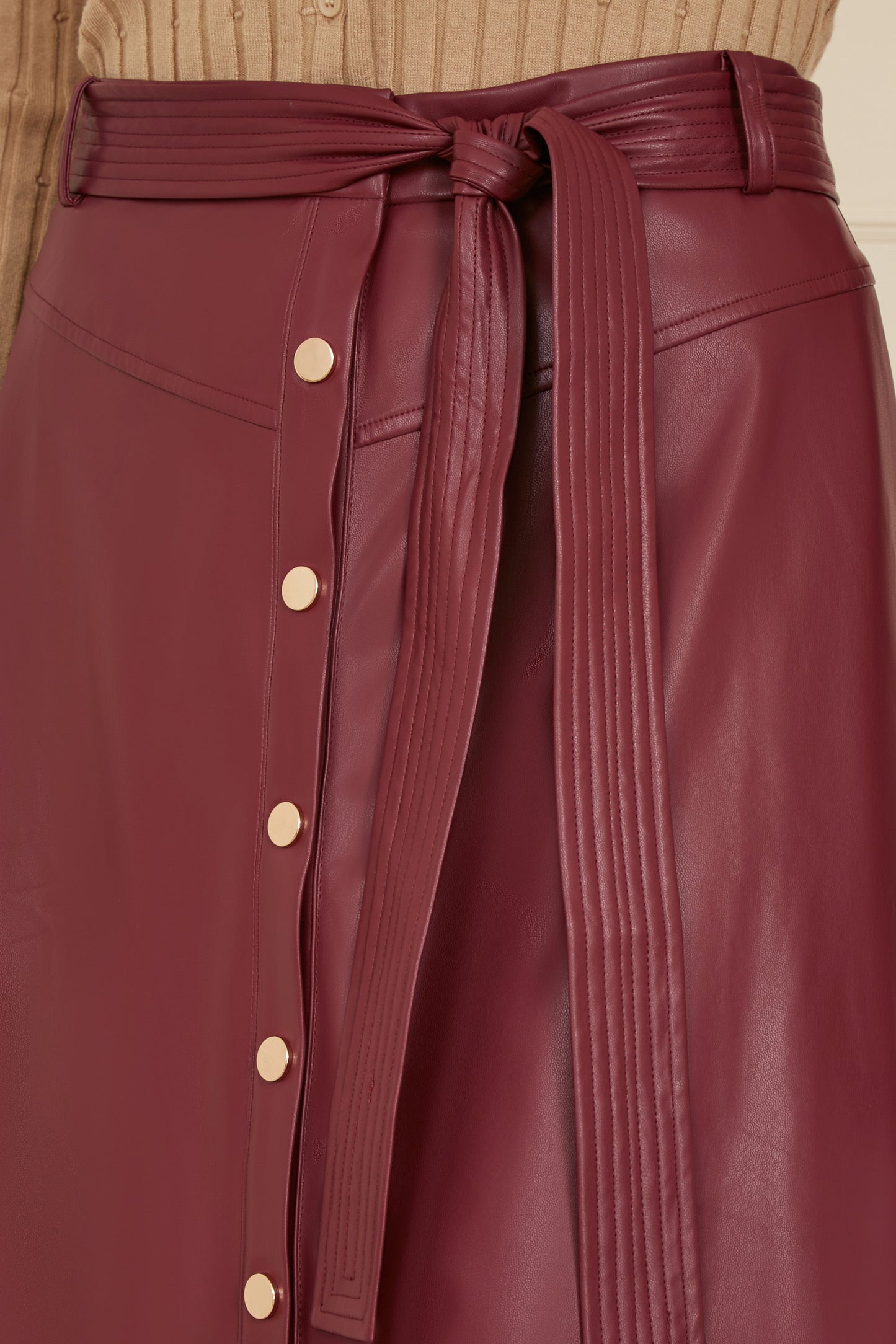 Yumi Burgundy Faux Leather A Line Midi Skirt With Button Up Details