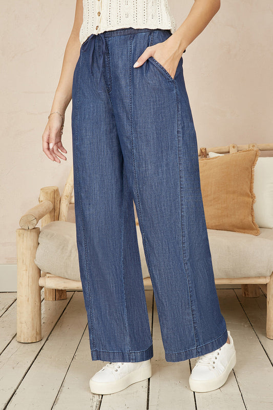 Yumi Blue Chambray Relaxed Fit Wide Leg Trousers