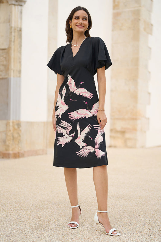 Yumi Black Recycled Fabric Crane Print Kimono Midi Dress