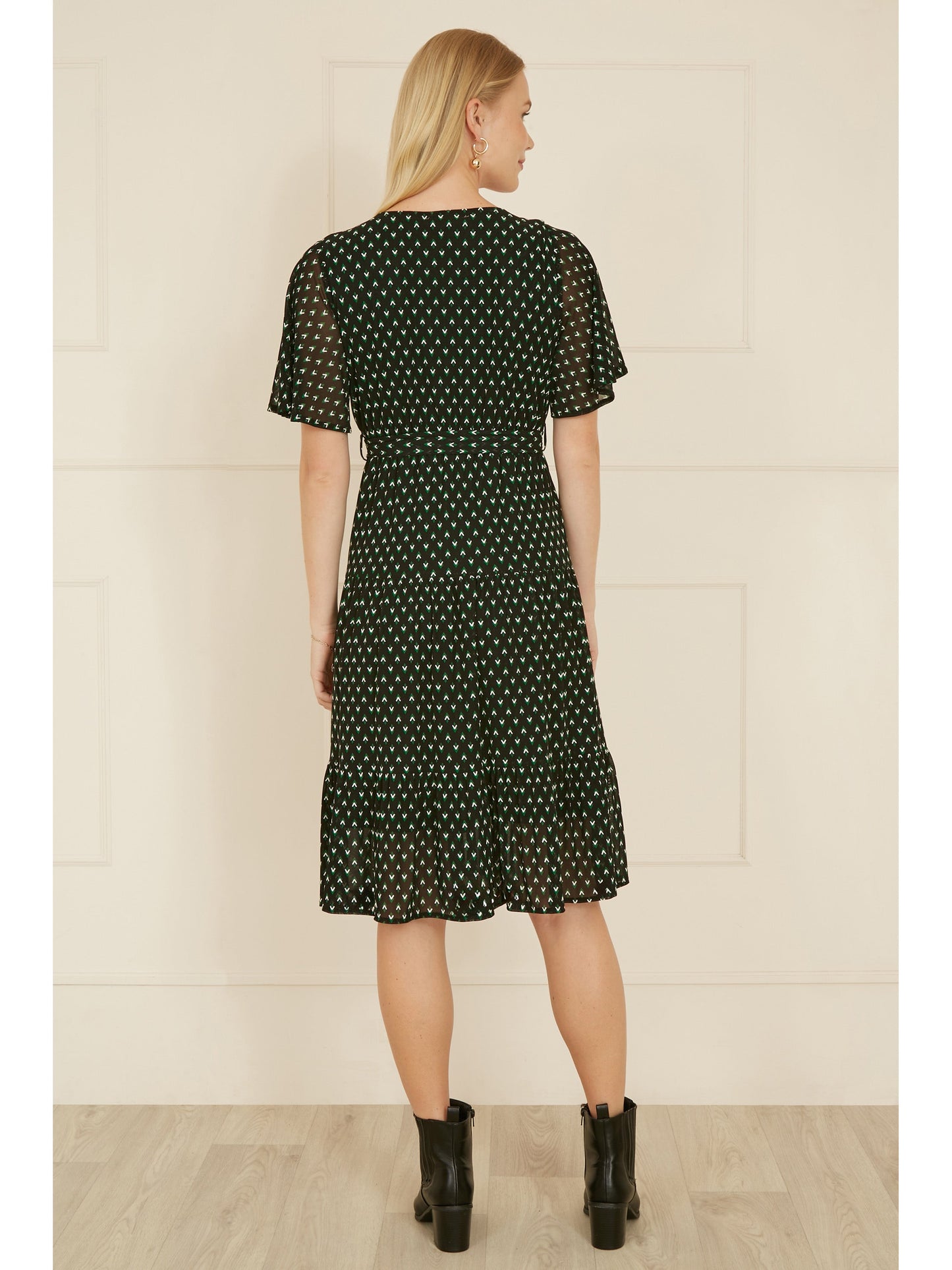 Yumi Black Dot Print Mesh Stretch Midi Skater Dress