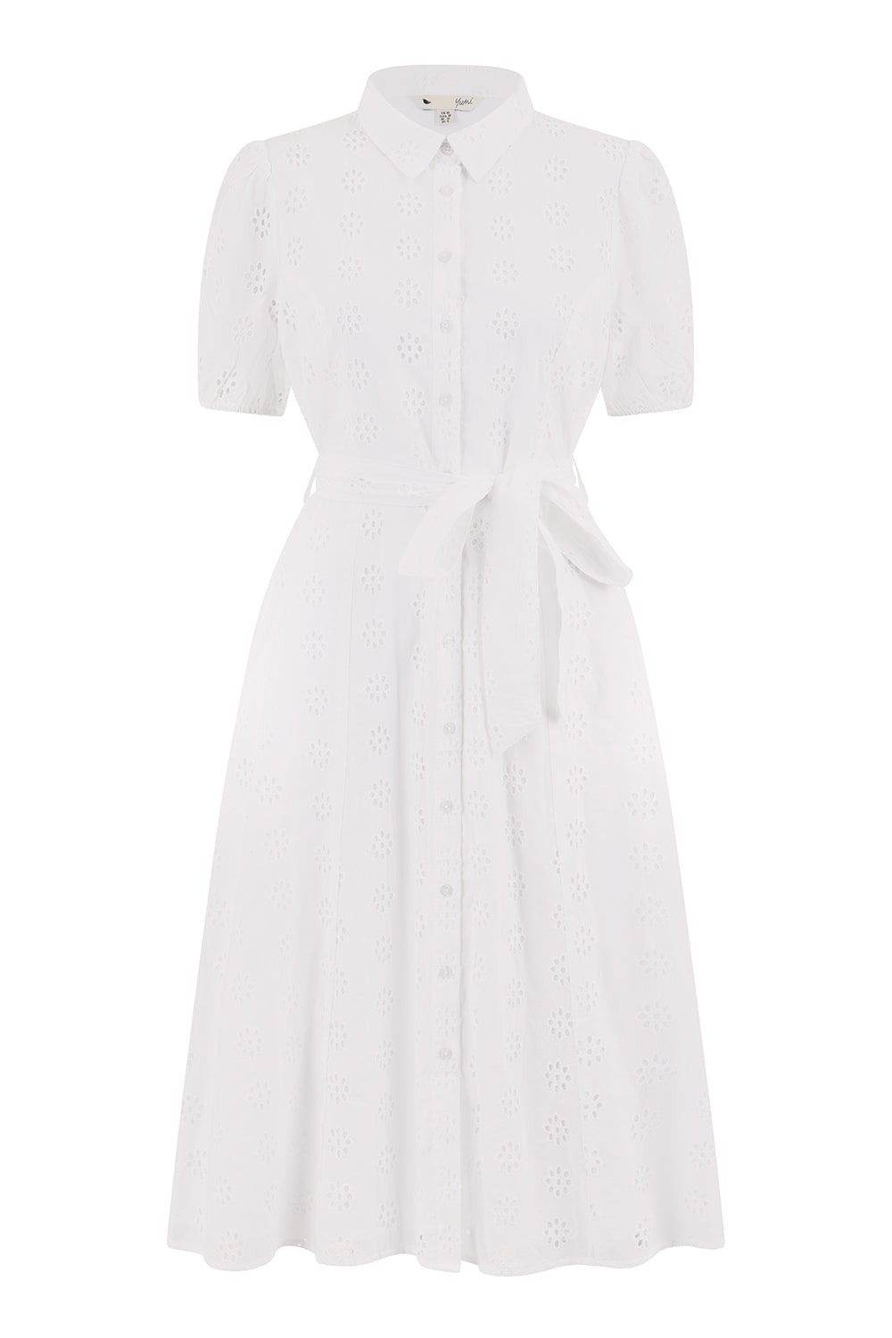 Yumi White Cotton Broderie Anglaise Midi Shirt Dress