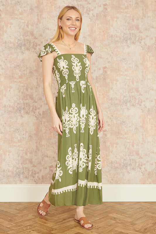 Yumi Green Block Print Ruched Maxi Dress