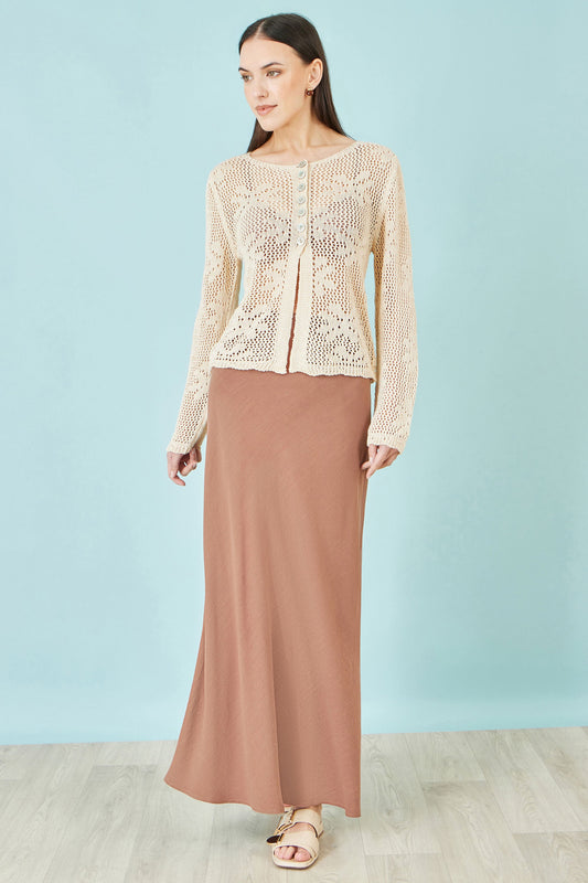 Yumi Beige Flower Crochet Button Up Cardigan