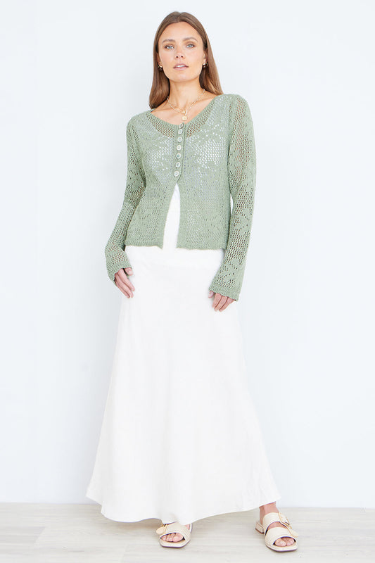 Yumi Green Flower Crochet Button Up Cardigan
