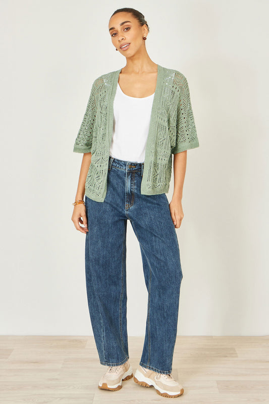 Yumi Green Crochet Edge To Edge 3/4 Sleeve Cardigan