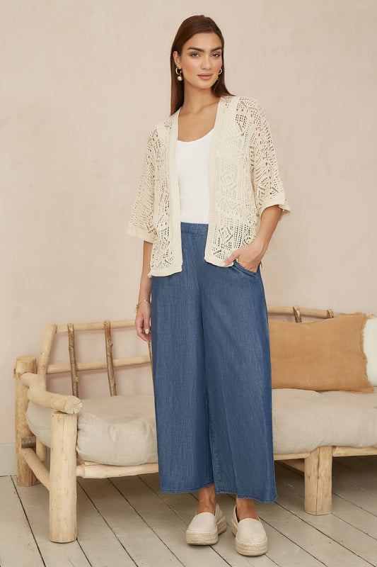 Yumi Ivory Crochet Edge To Edge 3/4 Sleeve Cardigan