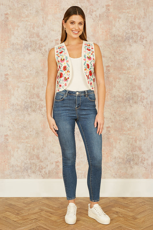 Yumi White Folk Embroidered Cotton Waist Coat