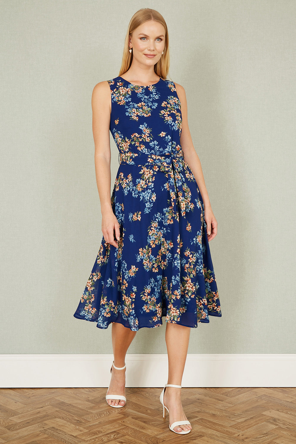 Yumi Navy Floral Skater Sleeveless Dress