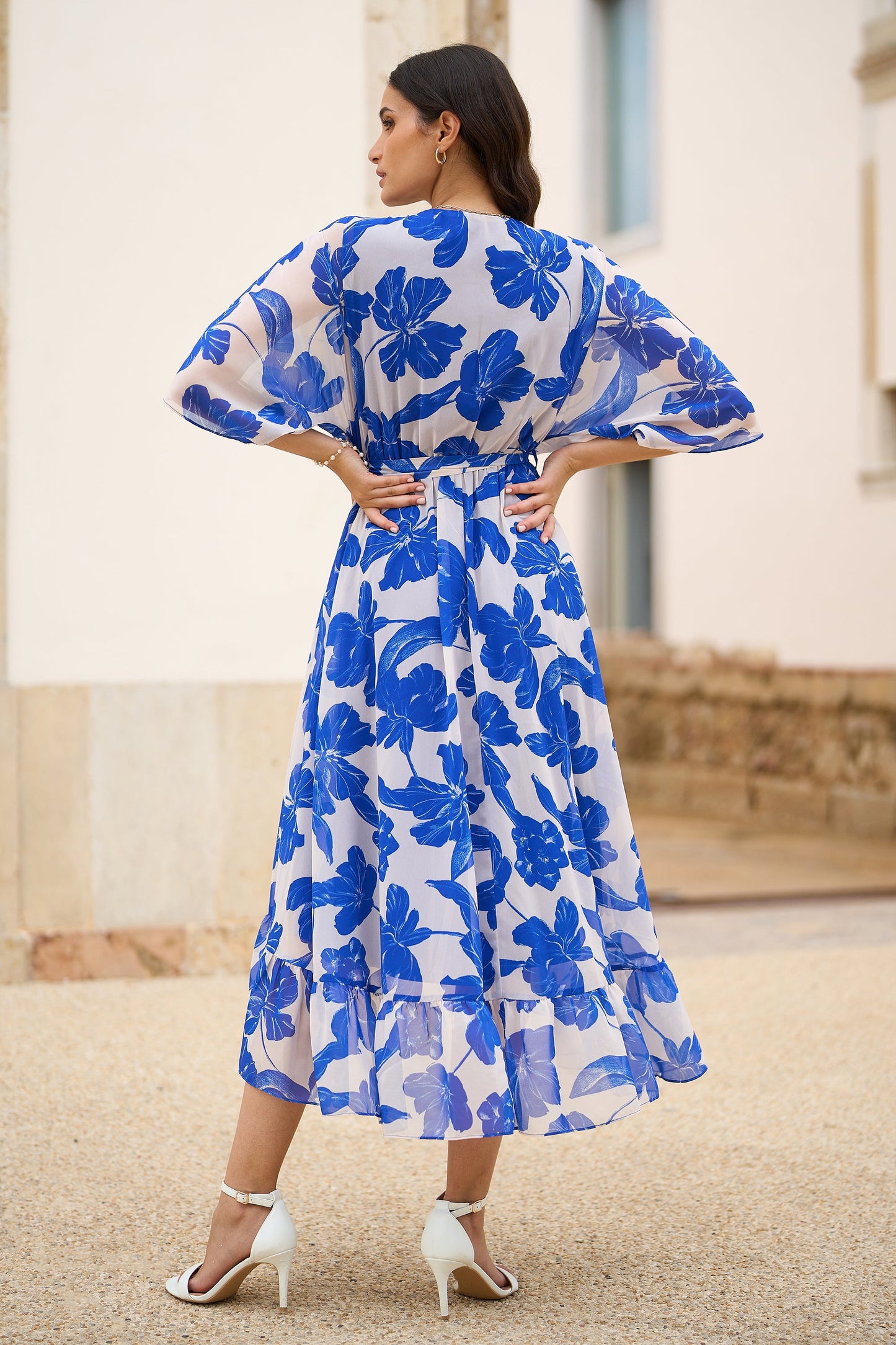 Yumi Navy Kimono Sleeves Midi Dip Hem Wrap Midi Dress