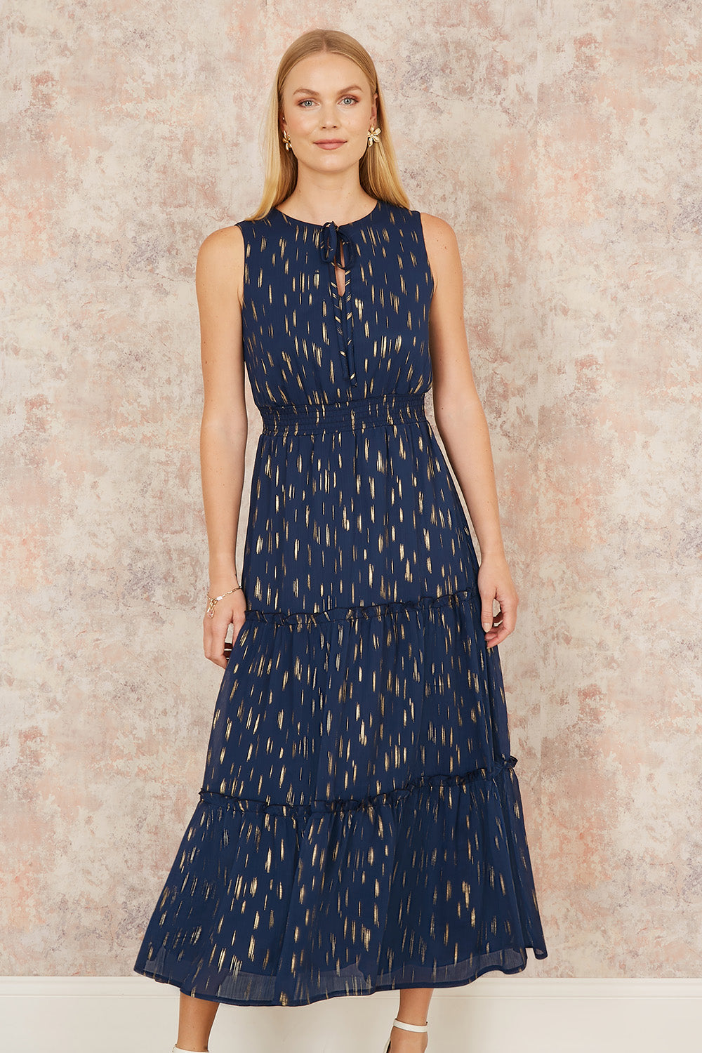Yumi Navy Foil Print Ruched Waist Midi Dress With Tie Notch Neckline