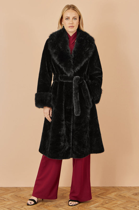 Yumi Black Wrap Faux Fur Coat With Oversize Collar