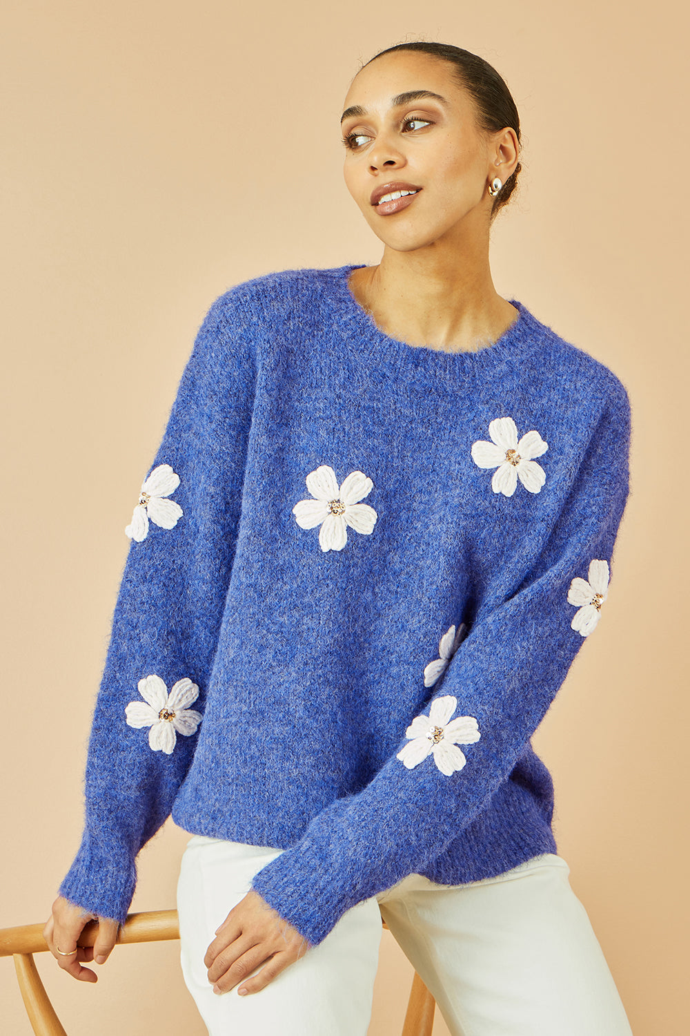 Yumi Blue Relaxed Jumper With Crochet Flowers
