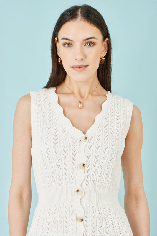 Yumi Ivory Cotton Scallop Crochet Knitted Dress