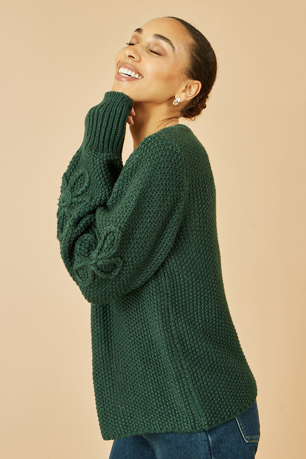 Yumi Green Edge to Edge Cardigan With Flower Detail Sleeves